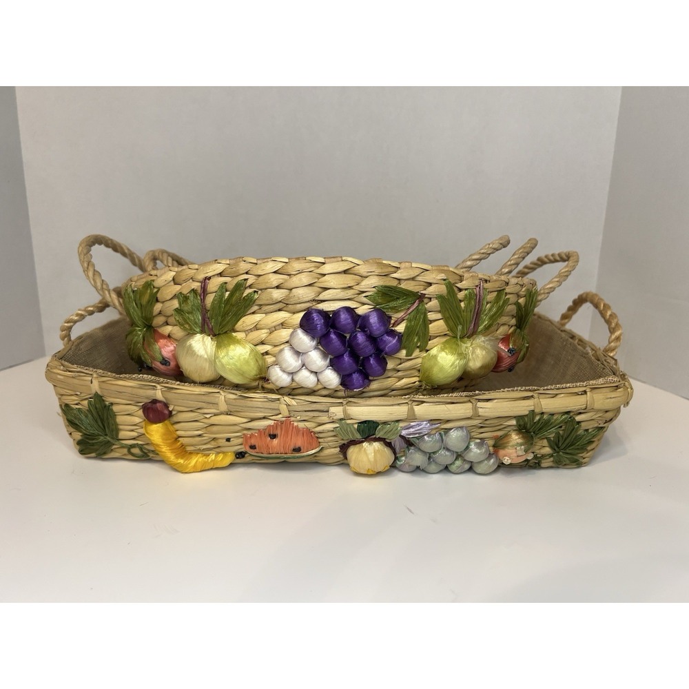 VTG Set of 4 Raffia Lined Woven Fruit Wicker Casserole Dish Basket Carriers